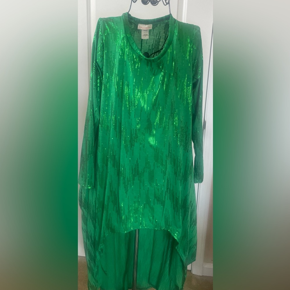 Karen T Design High-Low Green Sequence Top/ dress size 1x  NWOT